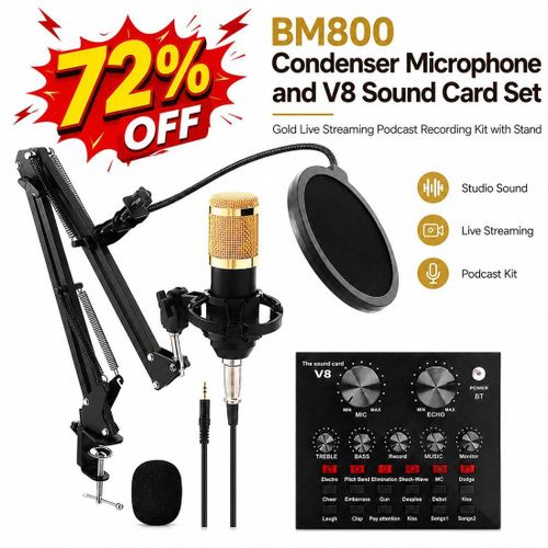 BM800 Condenser Microphone and V8 Sound Card Set, Gold Live Streaming Podcast Recording Kit with Stand