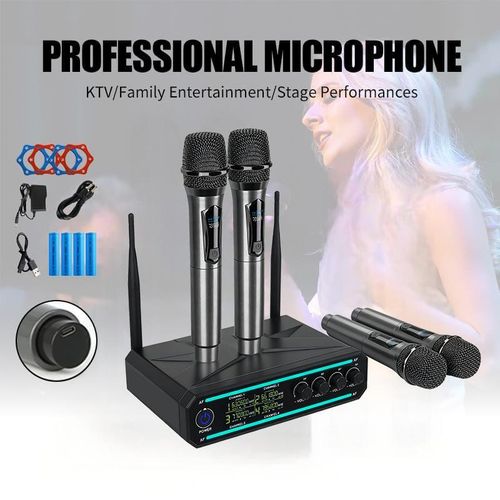Professional 4-Channel Wireless Microphone System with UHF & Auto Scan - Rechargeable Mic Set for Karaoke, Stage, Wedding and Conference
