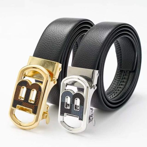 2 Pieces Men Framed Hollow Letter B Automatic Buckle Belt, Lychee Grain Adjustable Leather Waist Strap, Business Casual Trouser Belt Set For Daily Outfit & Gift