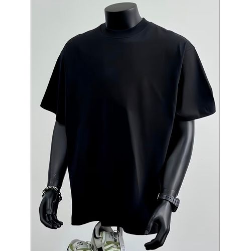 BLACK HEAVY COTTON MEN TSHIRT OVERSIZED POLO ROUND NECK SHORT SLEEVE UNISEX PLAIN SHIRT