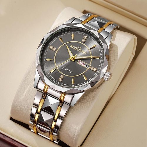 Men's Luxury Two-Tone Luminous Watch, Business Stainless Steel Quartz Wristwatch with Diamond Accents & Day Date