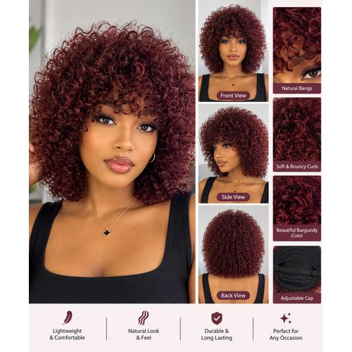Curly Afro Wig with Bangs – Voluminous Short Curly Synthetic Hair Wig for Women