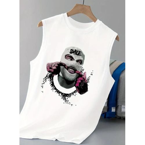 Face Card Crew Neck Armless Top- White