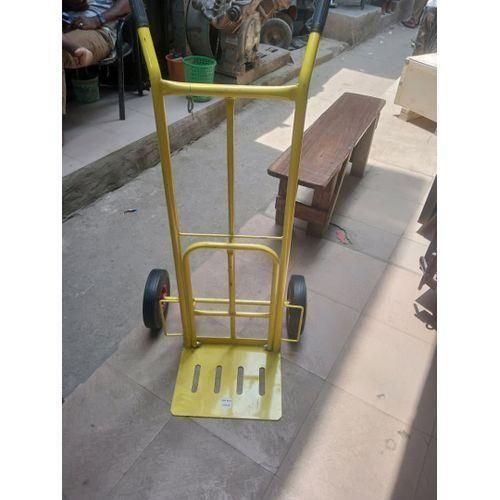 yellow metal hand trolley is a heavy-duty model designed for transporting goods,