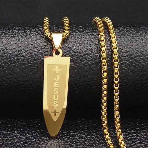 1Pc Gold Jesus Engraved Pendant Stainless Steel Necklace, Retro Jewelry For Men