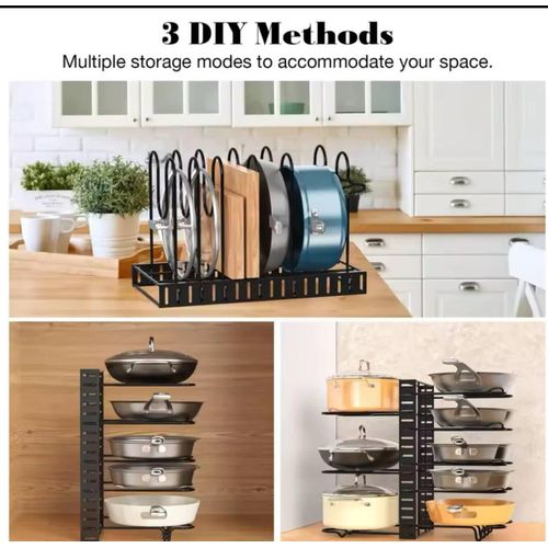 Adjustable Pot & Pan Organizer Rack - 3 DIY Assembly Modes for Countertop & Cabinet Storage