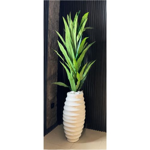 Luxury Artificial Green Plant in Ribbed Decorative Vase – White