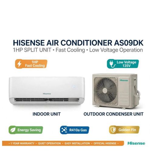 High Standard Hisense 1HP Split Air Conditioner-AS09DK -Fast Cooling-Low Voltage-Energy Saving-R410 Gas -With Kit