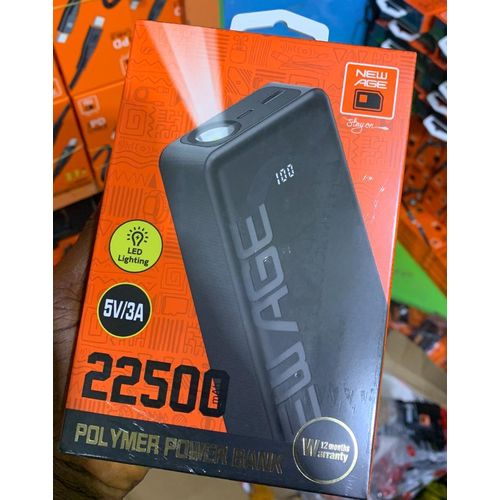 22500mAH Polymer Power Bank, 5V/3A fast charging capabilities and includes built-in LED lighting.