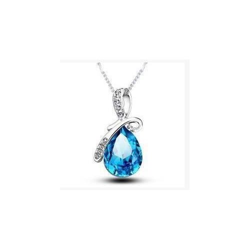 Silver Pendant Necklace Jewelry -Crystal Blue- Birthday Gift