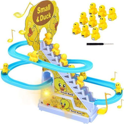 Small Duck Climbing Stairs Toy,Electric Duck Roller Coaster Toy Set,with LED Flashing Lights & Music,Duck Track Slide Toy Birthday Gift for Kids,Age 3,9Pcs Ducks
