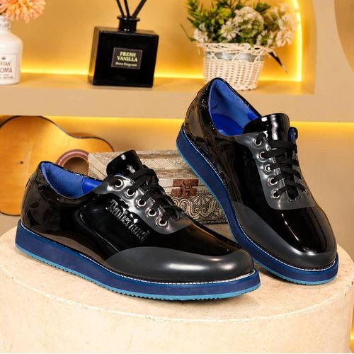 Men's Black Patent Leather Blue Sole Oxfords – Casual Platform Dress Shoes