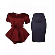 Ladies Peplum Top And Black Skirt - Wine