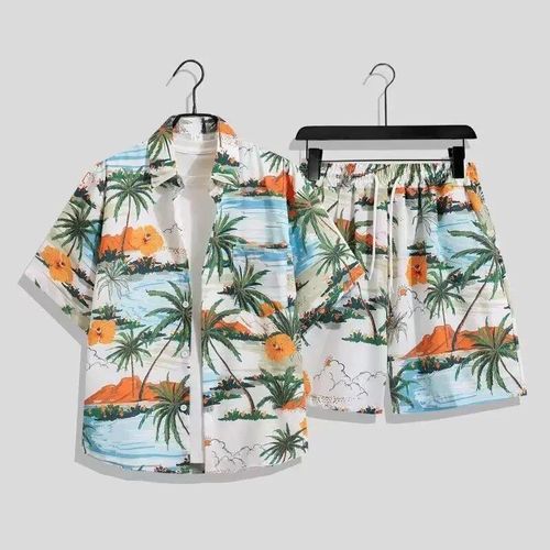 Men’s Tropical Beach Pattern Light-Weight Cotton Vintage 2-Piece Set