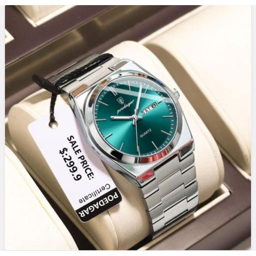 POEDAGA Business Mens Stainless Steel Day and Date Wristwatch