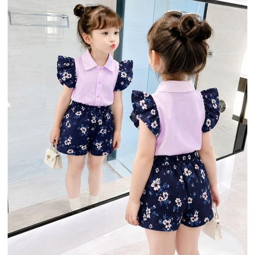 Girls Pink Ruffle Flutter Sleeve Button-Down Shirt & Navy Blue Floral Print Shorts Set - 2 Piece Co-ord Set