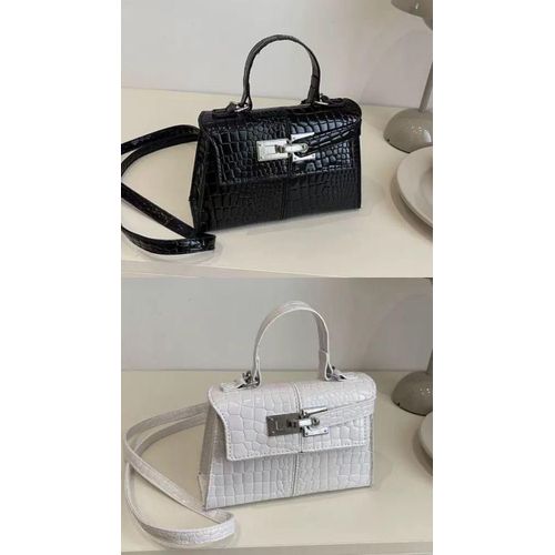 White Mini Crocodile-Texture Top Handle Crossbody Handbag