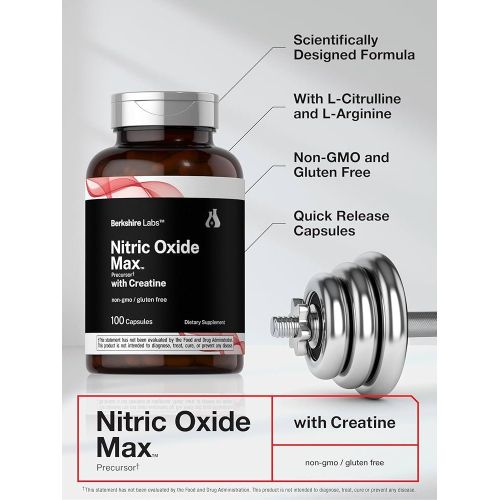 Nitric Oxide Supplement with Creatine monohydrate - 100 Capsules - with L Citrulline, L Arginine - Non-GMO, Gluten Free