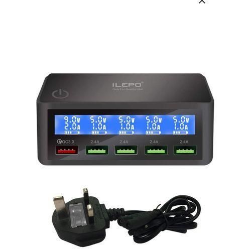 65W 5-Port USB Adapter Display with Wireless Charge for iPhones, Samsung, Xiaomi, Huawei at the Top - Adaptive Intelligent LCD display Multiport Charger