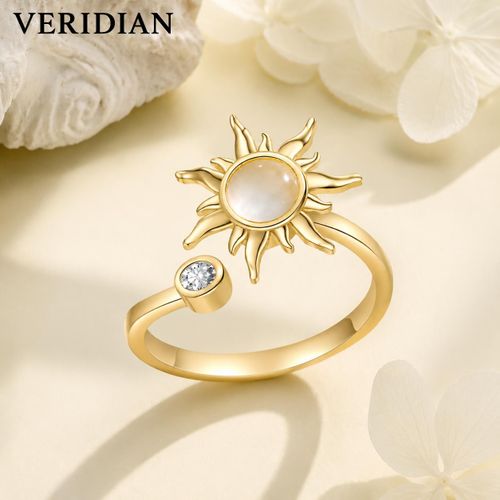 VERIDIAN Sun Spinner Fidget Ring for Women Adjustable Stress Relief Anxiety Rings 18K Gold Plated Cats Eye Stone Lucky Jewelry