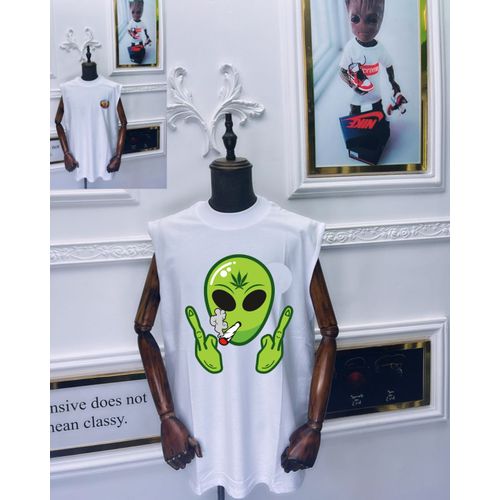 Smoking Alien White Armless Tshirt