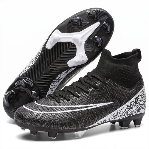 KQ Big Size 38-47 Men's High Top FG Soccer Cleats Black White Professional Football Boots Breathable NonSlip Natural Grass Training Shoes for Youth & Adults
