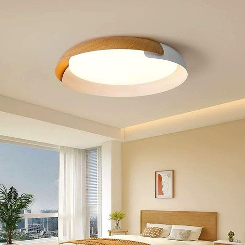 Minimalist Nordic Oak and White LED Flush Mount Ceiling Light. 500mm
