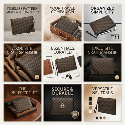 Professional Business Men’s Handheld Clutch Bag, Designer Style Signature Patterned Wristlet Pouch Large Capacity Document and Phone Organizer for Executives, Classic Brown and Tan Chain Link Motif Handbag