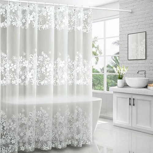 1pc White Flower Shower Curtain Liner with Metal Grommets & Plastic Ho oks, Plastic Transparent Bath Curtain Bathroom Decor