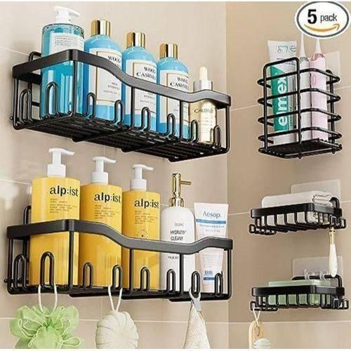 5-Pack Self-Adhesive Bathroom Shower Caddy & Soap Holder Set - Rustproof Black