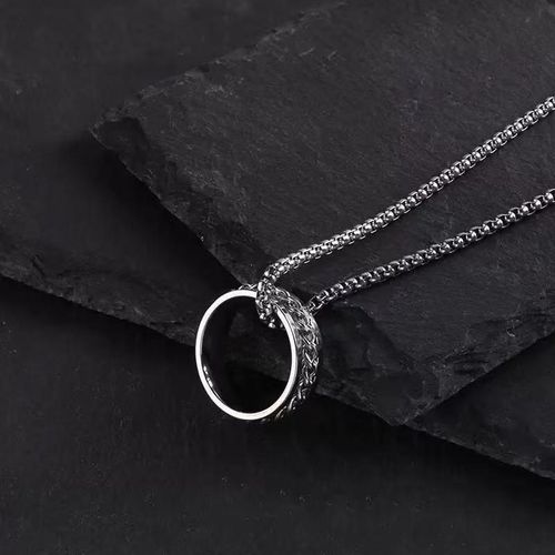 Men's Vintage Engraved Ring Pendant Necklace (70cm Stainless Steel Chain)