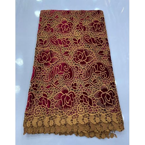 Burgundy wine and Gold Lace Fabric with Geometric flower Design for Asoebi & Events. Burgundy wine velvet guipure cord lace . 5yard.