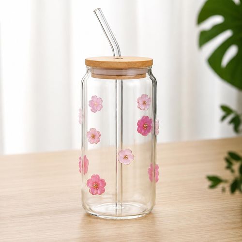 Aesthetic 3D Floral Can Glass Tumbler With Bamboo Lid & Glass Straw - 500ml