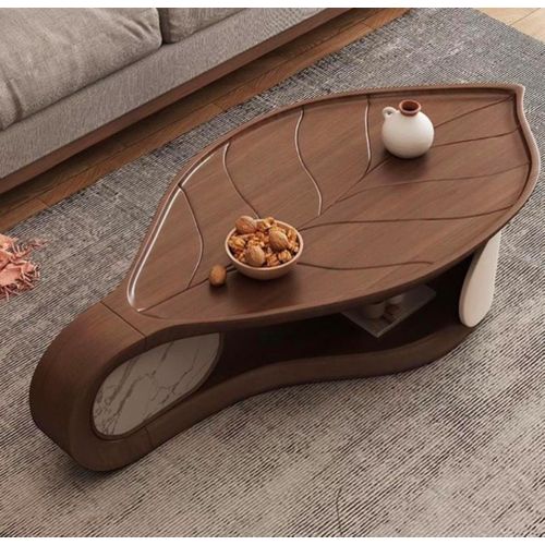Luxury Walnut Leaf Center Table with Marble Accent – Sculptural Designer Coffee Table for Home & Lounge
