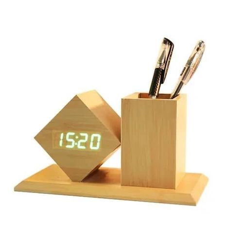 LED Digital Wooden Alarm Clock with Pen Holder – USB/Battery Powered Desk Clock, Temperature Display & Office Organizer