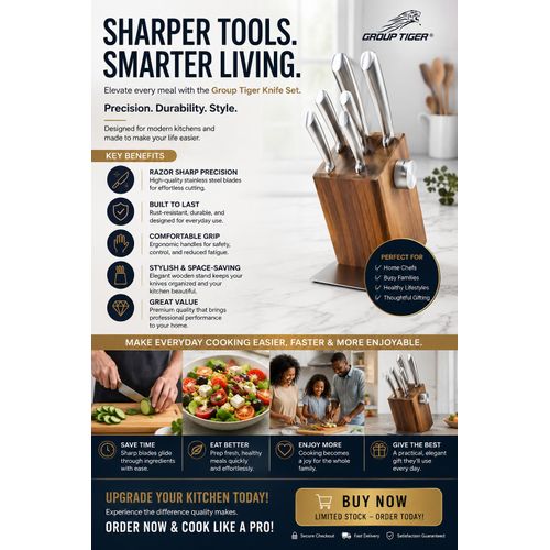 Group Tiger Knife Set – Stainless Steel Blades, Ergonomic Handles, Wooden Stand Organizer, Modern Space-Saving Design