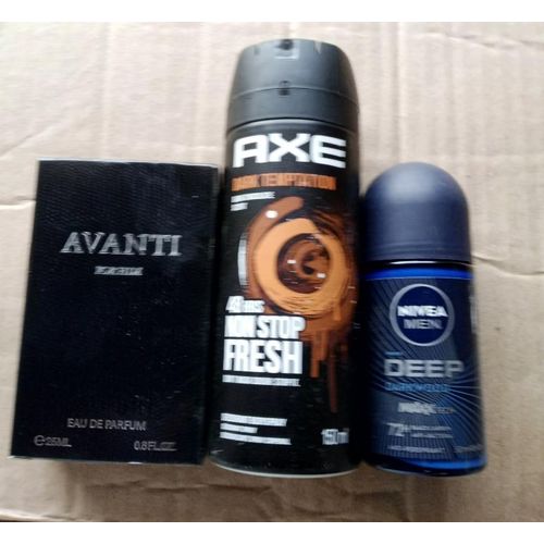 3 pc perfume combo: Avanti 25ml,Axe body spray 150ml and Deep roll on