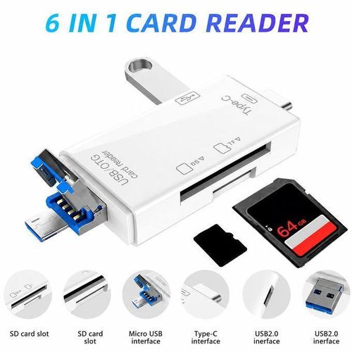 6-in-1 Multi-Interface Card Reader – Universal for Android MicroUSB/Type-C/USB, Fast Transfer, Portable SD/TF Plug & Play