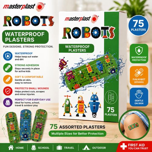 Robots Waterproof Plasters for Kids – 75 Assorted Adhesive Bandages