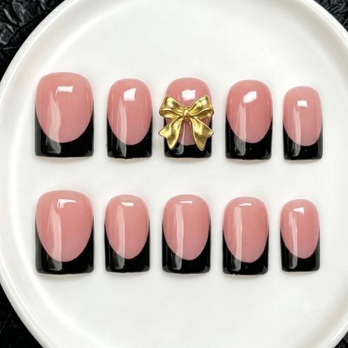 Black French Tip Press-On Nail Set - Gold 3D Bow Accent (24 Pcs)