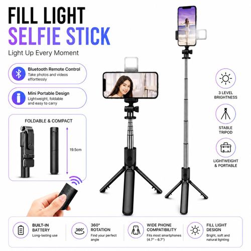 Bluetooth Selfie Stick Tripod +Fill Light & Shutter Remote