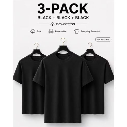 3-In-1 Men's Premium 100% Cotton Plain Round Neck T-Shirts Pack - Solid Black
