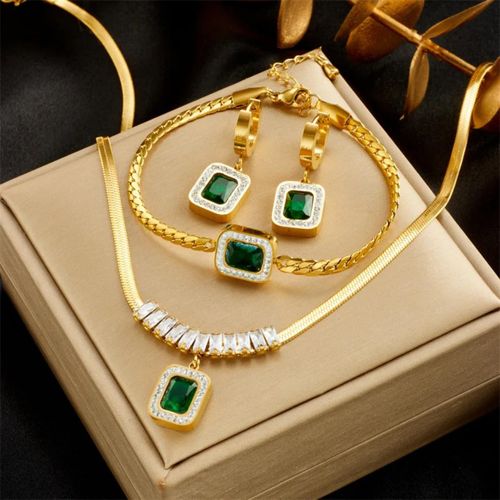 Luxury 18K Gold Plated Emerald Green Jewelry Set, Elegant Crystal Pendant Necklace, Huggie Earrings & Bracelet 3-Piece Set for Women, Perfect Wedding, Party & Evening Gala Statement Jewelry