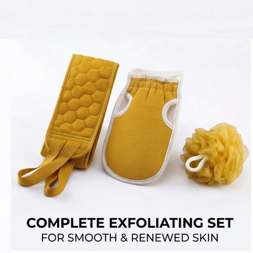 3-Piece Bath Scrubbing Set - Exfoliating Back Scrubber, Mitt & Sponge Kit-Yellow
