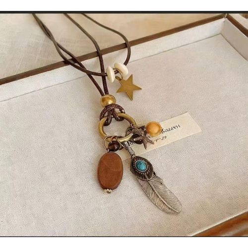 Boho Feather Star Necklace with Leather Cord - Vintage Ethnic Pendant for Women