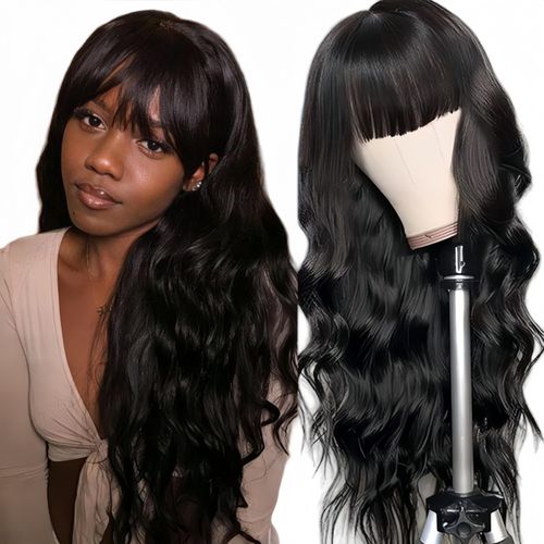 Black Wavy Wig with Bangs, Long Synthetic Curly Hair Wig for Women Daily Party Use