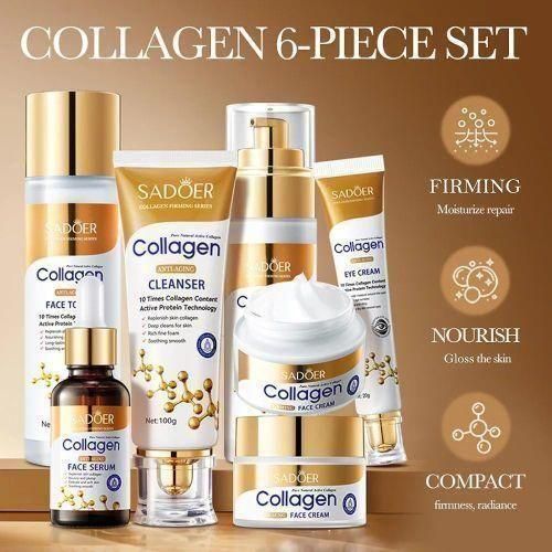 6-piece collagen skincare set, anti-aging skincare gift set including cleanser, toner, lotion, serum, face cream, and eye cream. Used to improve fine lines, shrink pores, moisturize and tighten skin