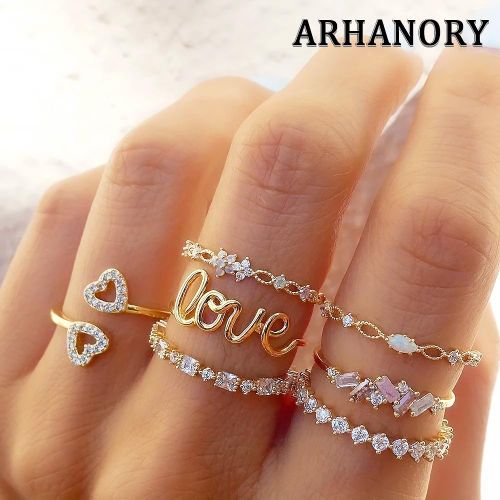 7pcs Golden Letter Love Rhinestone Joint Ring Set For Women Jewelry Stacking Rings