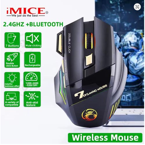 Wireless Gaming Mouse High precision, 3200 DPI 7-Color LED Rainbow Gaming Mouse, 7 Programmable Keys, Rechargeable Wireless Bluetooth Mouse, Dual Mode 7-button Silent Rechargeable Wireless Gaming Mouse with Colorful RGB Lights