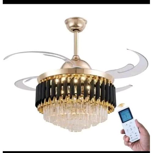 Luxury Modern Crystal Ceiling Fan Chandelier with Bluetooth speaker MP3 LED Light pendant light for Living room, Palour, Room, office, Reception, and all living spaces in the house – Gold & Black Finish